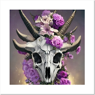 Horned Skull With Flowers Coming Out Posters and Art